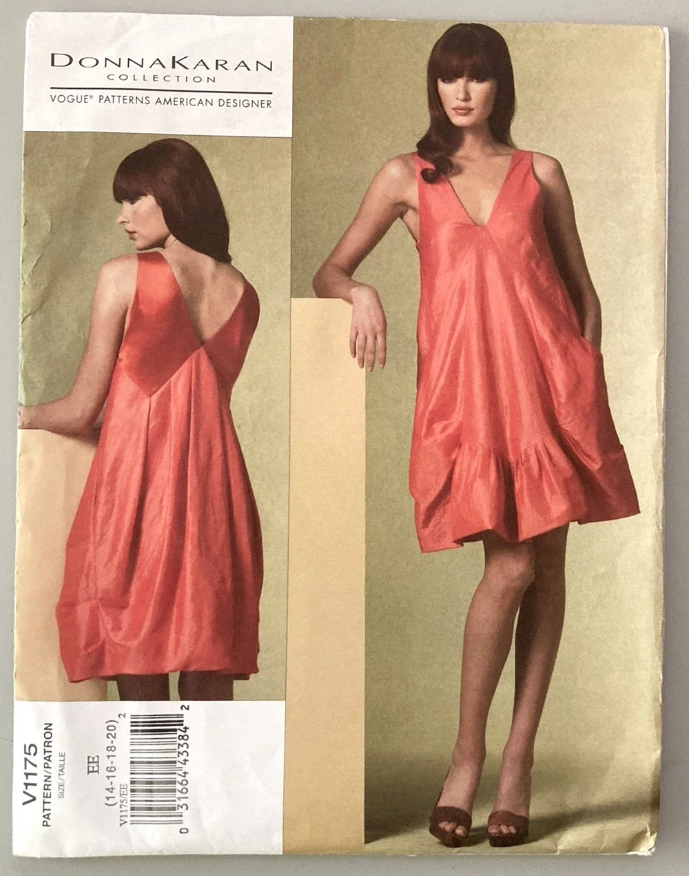 Vogue American Design Pattern 1175 Donna Karan Sleeveless V-neck Dress Sz 14-20